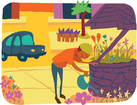 IMAGEM: um homem rega as flores de um jardim. ao fundo, há um carro estacionado e um coqueiro. FIM DA IMAGEM.