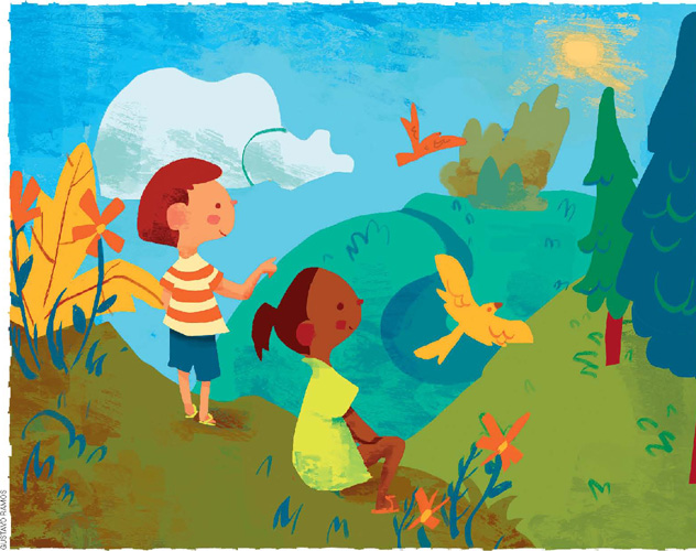 IMAGEM: em um jardim florido, estão duas crianças observando a paisagem. ao redor deles, há bastante vegetação, pinheiros e pássaros que voam. ao fundo, no céu, está o sol e algumas nuvens. FIM DA IMAGEM.