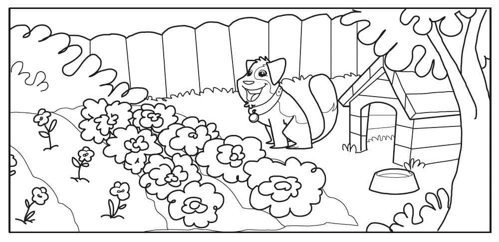 IMAGEM: um cachorro em um quintal com árvores, plantas e um jardim com flores plantadas uma ao lado da outra. próximo ao animal, há uma casa de madeira e uma tigela. FIM DA IMAGEM.
