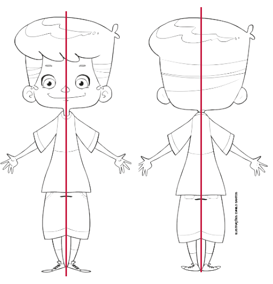 IMAGEM: um menino de costas para o observador, com um risco vermelho traçado verticalmente dividindo os dois lados do corpo de maneira simétrica. um menino de frente para o observador, com um risco vermelho traçado verticalmente dividindo os dois lados do corpo de maneira simétrica. FIM DA IMAGEM.