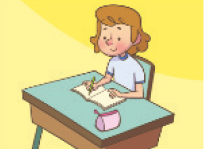 IMAGEM: Uma menina sentada em uma carteira escolar, escrevendo em um caderno. FIM DA IMAGEM.