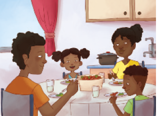 IMAGEM: uma família, com o pai, a mãe e duas crianças, se alimentam ao redor de uma mesa na cozinha. FIM DA IMAGEM.