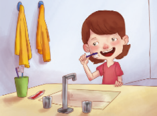 IMAGEM: uma criança escova os dentes no banheiro. ao lado, há duas toalhas penduradas em suportes pregados na parede. FIM DA IMAGEM.