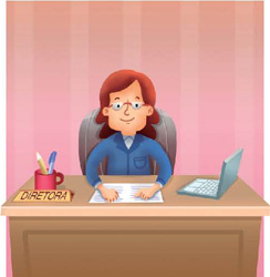 IMAGEM: uma mulher sentada atrás de uma mesa, com uma placa escrita diretora, um computador, papéis e canetas. FIM DA IMAGEM.