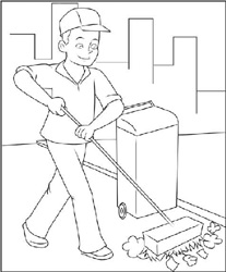 IMAGEM: um homem varre o lixo do chão com uma vassoura. ao lado, há uma lixeira e, ao fundo, vários prédios de uma cidade. FIM DA IMAGEM.