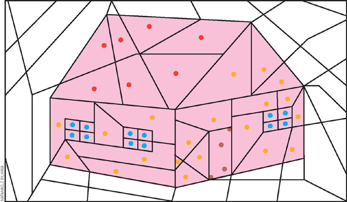 IMAGEM: uma malha com linhas que se cruzam formando figuras geométricas. dentro da algumas delas, há vários pontos coloridos que unidos formam uma casa. FIM DA IMAGEM.