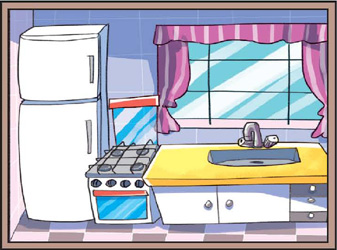 IMAGEM: uma cozinha com geladeira, fogão, pia com armários e uma janela com cortinas. FIM DA IMAGEM.