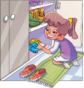 IMAGEM: uma menina ajoelhada em um tapete guarda calçados em um armário. FIM DA IMAGEM.