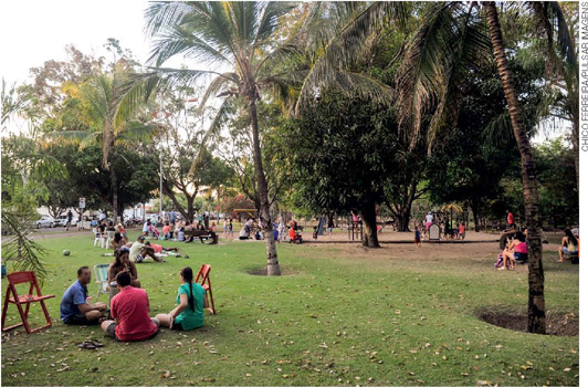 IMAGEM: diversas pessoas em um parque público. há crianças brincando e adultos sentados no gramado. ao redor, há diversos coqueiros e outras espécies de árvores. FIM DA IMAGEM.