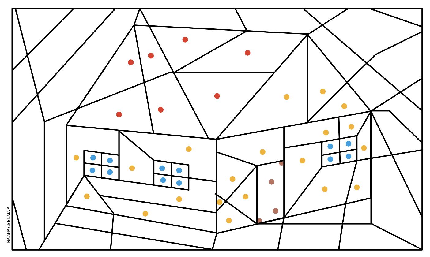 IMAGEM: uma malha com linhas que se cruzam formando figuras geométricas. dentro da algumas delas, há vários pontos coloridos. FIM DA IMAGEM.
