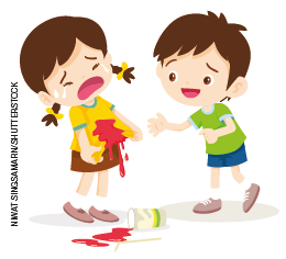 IMAGEM: um menino pede desculpas para uma menina que está chorando com suco derramado na roupa. FIM DA IMAGEM.