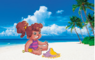 IMAGEM: menina brinca na areia de uma praia em um dia de sol. FIM DA IMAGEM.