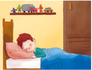 IMAGEM: um menino dorme em uma cama. ele apoia a cabeça em um travesseiro e está coberto por uma manta. ao fundo, há uma estante com brinquedos e um armário. FIM DA IMAGEM.
