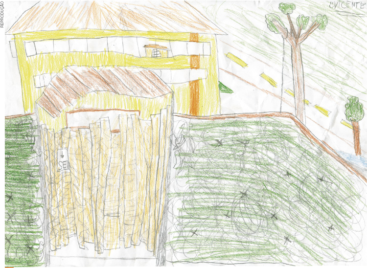 IMAGEM: o desenho mostra a fachada de uma escola, com um grande muro e a porta de entrada principal. ao fundo, há um grande prédio com muitas janelas e, ao lado, várias árvores. FIM DA IMAGEM.