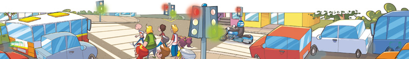 IMAGEM: um grupo de pessoas atravessa a rua pela faixa de pedestres. na frente deles, há um semáforo para pedestres indicando a passagem segura, representada pela cor verde. à esquerda, há vários carros aguardando. à direita, está o semáforo para veículos, com a sinalização vermelha indicando pare. FIM DA IMAGEM.