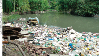 IMAGEM: lixo acumulado às margens de um rio, como garrafas e embalagens plásticas. ao fundo, há árvores e plantas. FIM DA IMAGEM.