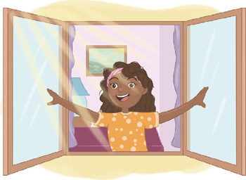 IMAGEM: uma menina abre as janelas de um cômodo. ao fundo, há um abajur e um quadro preso à parede. FIM DA IMAGEM.