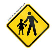 IMAGEM: placa de sinalização com o formato de um losango, com a representação de um adulto e uma criança. FIM DA IMAGEM.
