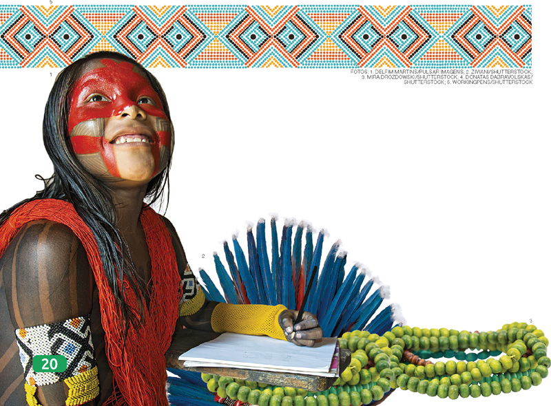 IMAGEM: faixa ilustrada com grafismos da cultura indígena. uma menina indígena com pinturas no rosto, olhando levemente para cima e sorrindo. ela usa pulseiras com grafismos coloridos e está escrevendo em um caderno. FIM DA IMAGEM.