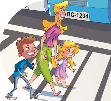 IMAGEM: uma mulher de mãos dadas com duas crianças atravessa a rua na faixa de pedestres. FIM DA IMAGEM.