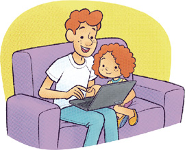 IMAGEM: um pai e uma filha sentados em um sofá utilizam um notebook. FIM DA IMAGEM.