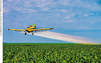IMAGEM: um avião sobrevoa uma lavoura e lançando produtos químicos sobre a produção. FIM DA IMAGEM.
