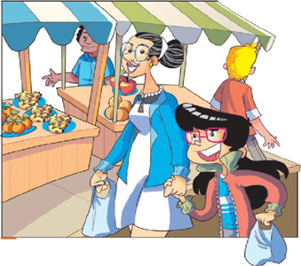 IMAGEM: carolina e sua avó estão andando de mãos dadas e segurando sacolas no meio de uma feira cheia de barracas com frutas a venda. FIM DA IMAGEM.