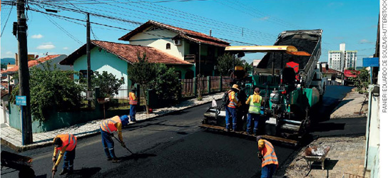 IMAGEM: trabalhadores arrumando uma rua usando pás e um grande caminhão que derrama asfalto. FIM DA IMAGEM.