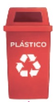 IMAGEM: lixeira vermelha com a palavra plástico e o símbolo da campanha reciclável. FIM DA IMAGEM.