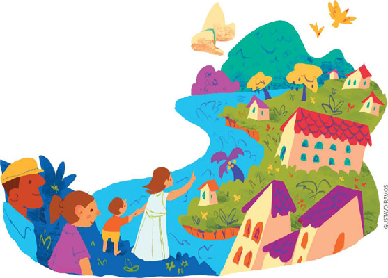 IMAGEM: a ilustração mostra um homem, uma mulher e duas crianças observando uma cidade do alto. a cidade passa ao lado de um riacho, possui pequenas casas coloridas e uma casa maior no centro, além de árvores e gramados com flores. alguns pássaros passam voando no céu. FIM DA IMAGEM.