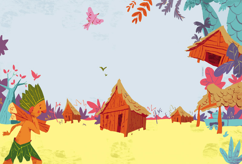 IMAGEM: a ilustração mostra um homem indígena usando tanga e cocar e levando troncos de árvore nos ombros. ele está andando por uma aldeia cheia de casas feitas de madeira com telhado de palha. árvores e flores de diferentes cores e pássaros no céu completam a ilustração. FIM DA IMAGEM.