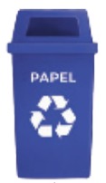 IMAGEM: lixeira azul com a palavra papel e o símbolo da campanha reciclável. FIM DA IMAGEM.