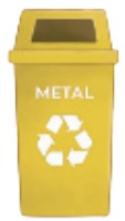 IMAGEM: lixeira amarela com a palavra metal e o símbolo da campanha reciclável. FIM DA IMAGEM.