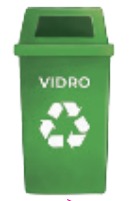 IMAGEM: lixeira verde com a palavra vidro e o símbolo da campanha reciclável. FIM DA IMAGEM.