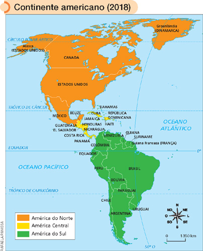 IMAGEM: mapa do continente americano em 2018. a legenda assinala em cores diferentes, três dados: a localização da américa do norte, américa central e américa do sul. a américa do norte é composta pelo alasca, canadá, groenlândia - dinamarca, estados unidos e méxico. a américa central é composta por: belize, guatemala, honduras, el salvador, nicaragua, costa rica, panamá, cuba, jamaica, bahamas e república dominicana. a américa do sul é composta por: argentina, bolívia, brasil, chile, colômbia, equador, guiana, guiana francesa, paraguai, peru, suriname, uruguai e venezuela. FIM DA IMAGEM.