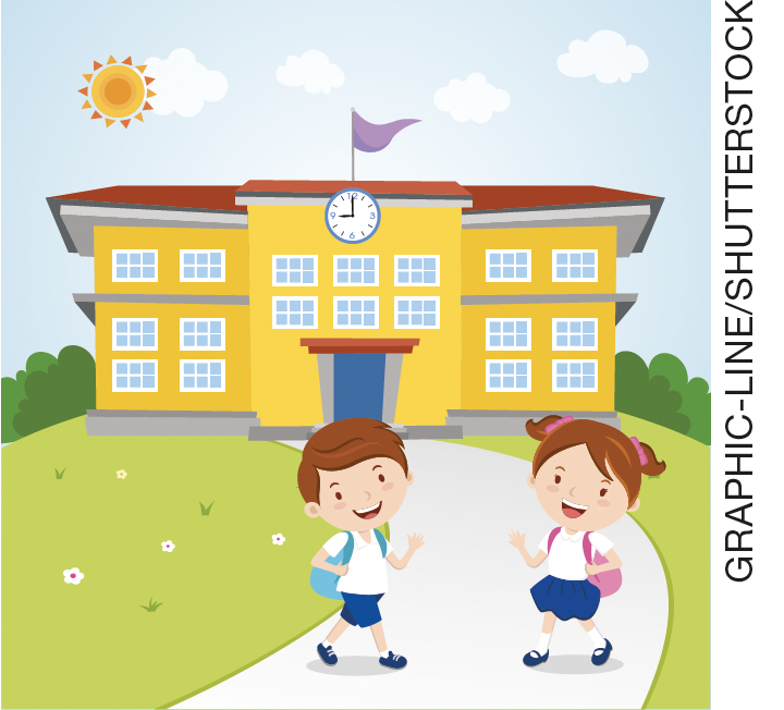 IMAGEM: d - duas crianças alegres caminham para a escola. o relógio marca nove horas, e é um dia de sol. FIM DA IMAGEM.