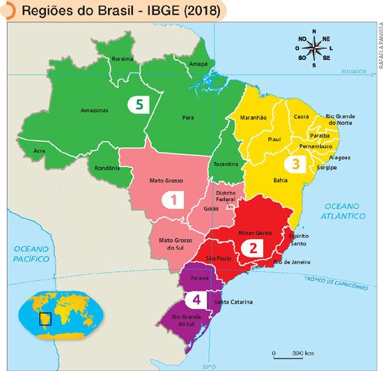 IMAGEM: mapa do brasil com as regiões em 2018, informado pelo i, b, g, é, destacadas por cores e numerada. 1. centro-oeste; 2. sudeste; 3. nordeste; 4. sul. um mapa em detalhe informa a localização do brasil no planisfério. FIM DA IMAGEM.