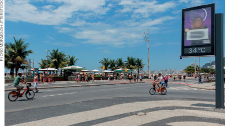 IMAGEM: vista da calçada da praia de copacabana em um dia de sol. os quiosques da praia estão com muitos banhistas. o termômetro marca 34 graus, e pessoas andam de bicicleta. FIM DA IMAGEM.