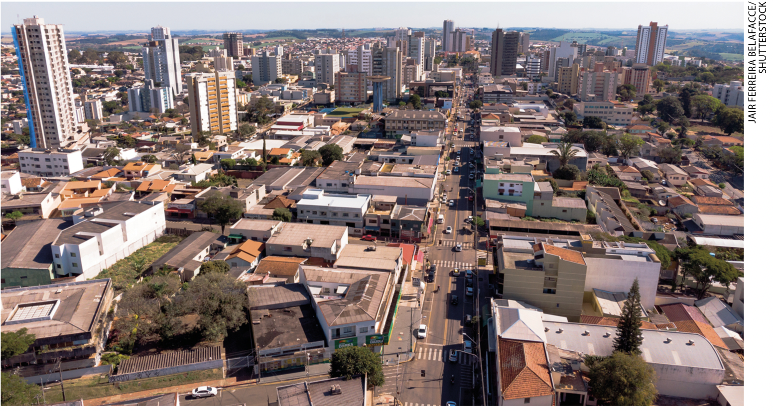 IMAGEM: b. trecho de uma cidade com avenidas asfaltadas, iluminação pública, trânsito nas ruas, casas, edifícios, galpões e fábricas. FIM DA IMAGEM.