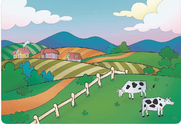 IMAGEM: paisagem ilustrada com uma fazenda, vacas em um pasto, plantações, árvores e montanhas. FIM DA IMAGEM.