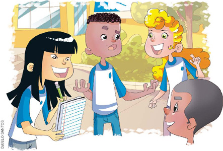 IMAGEM: na ilustração, um grupo de quatro jovens com uniforme escolar conversa enquanto uma das meninas toma notas em seu caderno. FIM DA IMAGEM.