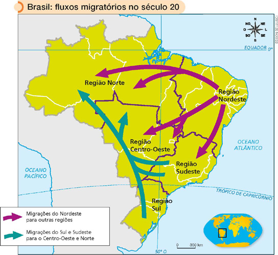IMAGEM: brasil: fluxos migratórios no século 20. um mapa informa os fluxos migratórios no brasil durante o século 20. uma rosa dos ventos indica as regiões norte, nordeste, leste, sudeste, sul, sudoeste, oeste e noroeste. um conjunto de setas indica o sentido dos fluxos migratórios da região nordeste para as regiões norte, centro-oeste e sudeste. partindo da região sudeste, fluxos seguem para o centro-oeste e para o norte. da região sul, um fluxo segue para a região norte. FIM DA IMAGEM.