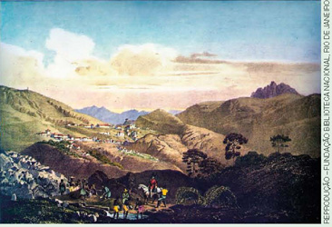 IMAGEM: a pintura vista de vila rica mostra pessoas escravizadas e um homem a cavalo próximos a uma lagoa em uma paisagem montanhosa. ao fundo, entre as montanhas, uma vila. FIM DA IMAGEM.