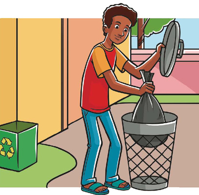 IMAGEM: um homem retira um saco de lixo de uma lixeira aramada. à esquerda, uma lixeira para lixo reciclável. FIM DA IMAGEM.