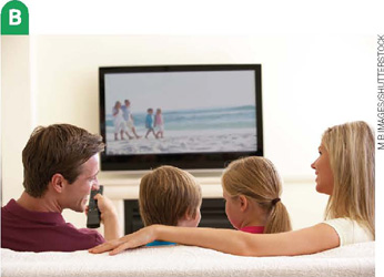 IMAGEM: b. uma família, com pai, mãe e duas crianças, assiste televisão. FIM DA IMAGEM.