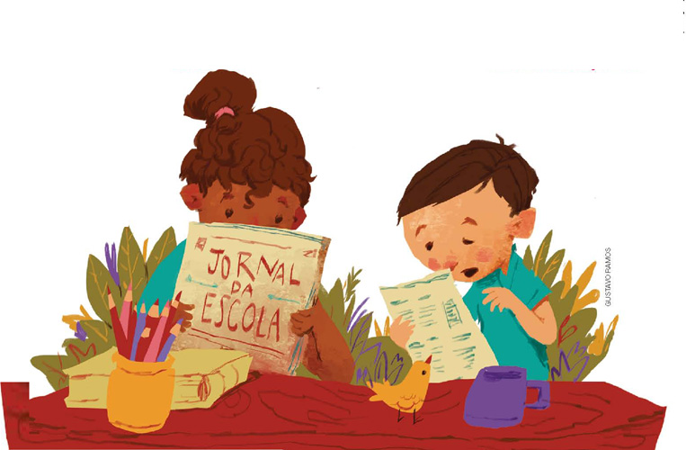 IMAGEM: duas crianças leem jornais em uma mesa de madeira. sobre a mesa, há um livro e um porta-lápis. FIM DA IMAGEM.