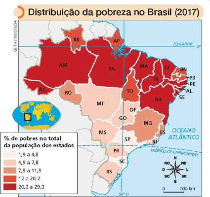 IMAGEM: um mapa apresenta a distribuição da pobreza no brasil em 2017. uma rosa dos ventos indica as direções cardeais e colaterais. a escala é de cêrca de uma polegada correspondendo a 535 quilômetros. as regiões com maior porcentagem de população pobre são norte e nordeste, com taxas entre 12 e 29,3 por cento. os estados do acre, amazonas, pará, maranhão, piauí, ceará, pernambuco, alagoas, sergipe e bahia possuem entre 20,3 e 29,3 por cento de sua população em estado de pobreza. as regiões centro-oeste, sudeste e sul têm menor porcentagem de pobreza, tendo os estados de são paulo e santa catarina apenas uma variação entre 1,9 e 4,8 por cento de pobreza de suas populações totais. peça ajuda a seu professor. FIM DA IMAGEM.