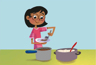 IMAGEM: uma menina coloca comida em um prato. FIM DA IMAGEM.