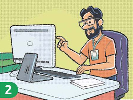 IMAGEM: 2. um homem com um crachá olha para a tela de um computador. FIM DA IMAGEM.