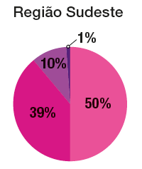 IMAGEM: um gráfico circular mostra a composição da população da região sudeste brasileira a partir da cor da pele. 50 por cento da população da região sudeste é branca, 39 por cento da população é parda, 10 por cento é preta e 1 por cento amarela ou indígena. FIM DA IMAGEM.